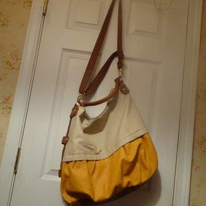 Steve Madden sloughy, orange, brown, beige bag, 18" wide, 13" deep, 5.5" bottom